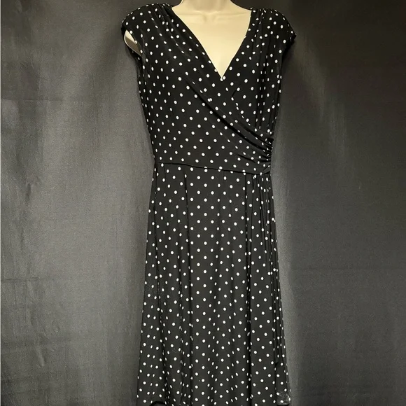 Ralph Lauren Black White Polka Dot Dress | Wrap Top | Classic Cap Sleeve Sz 4 - Picture 3 of 9